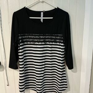 NY Collection Black and White Striped Long Sleeve Top